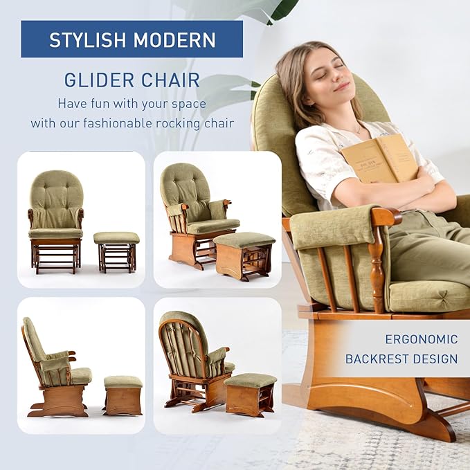 Glider Rocking Chair with Ottoman Set, Solid Wood Nursery Glider Rocker with Padded Cushion, High Back Upholstered Swivel Glider for Living Room, Nursing, Reading, 280LBS Weight Capacity,Oak+Khaki