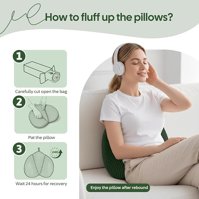 Lumbar Support Pillow for Couch, Back Support Pillow for Office Chair, Heart-Shape Back Cushion with Shredded Foam for Back Pain Relief & Reading, Lumbar Cushions for Recliner, Car, Green