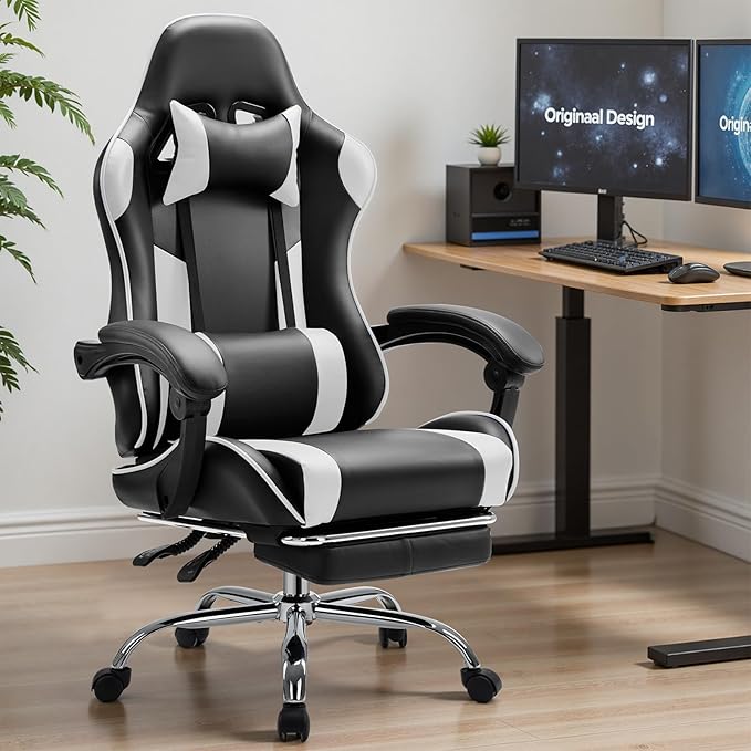 Sweetcrispy Computer Gaming Chair - Ergonomic High Back PU Leather Video Racing Chair with Adjustable Headrest & Footrest, Linkage Armrest, for Office and Home, White
