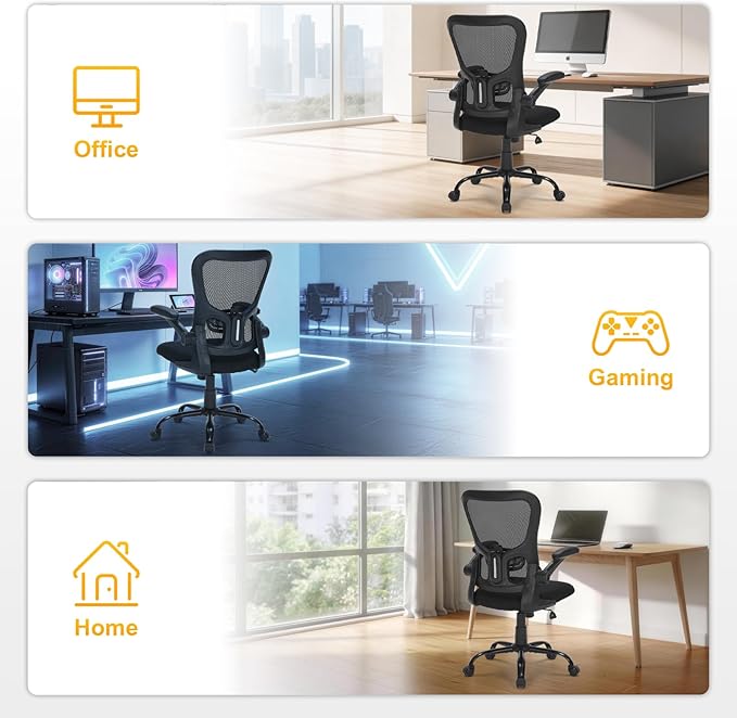 Ergonomic Mesh Office Chair, Adjustable Lumbar Support, Flip-Up Arms, Rolling Swivel Computer Chair with Breathable Backrest for Home & Office, Black