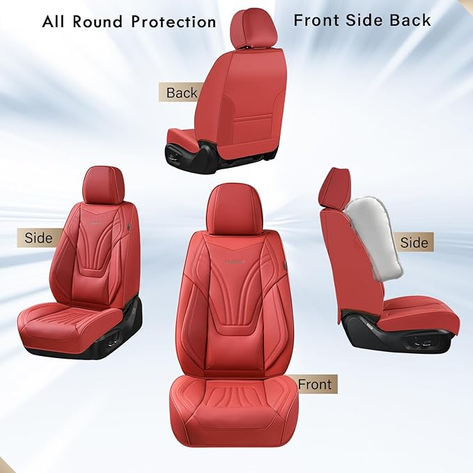 Coverado Car Seat Covers Full Set, 5 Piece Car Seat Protector with Lumbar Support & Removable Headrest, Breathable Leather Front Rear Seat Cushion Universal Fit for Truck Automotive Red