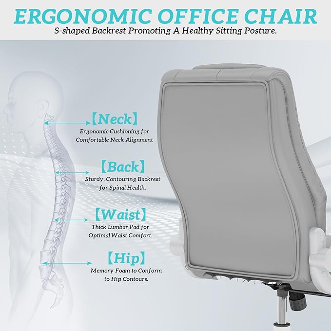 GYI Office Chair, Ergonomic Computer Desk Chair, Leather Executive Office Chair with High Back, Lumbar Support, Flip-up Arms, Wide and Thick Padded Seat, Heavy Duty Base, Rubber Wheels, Grey