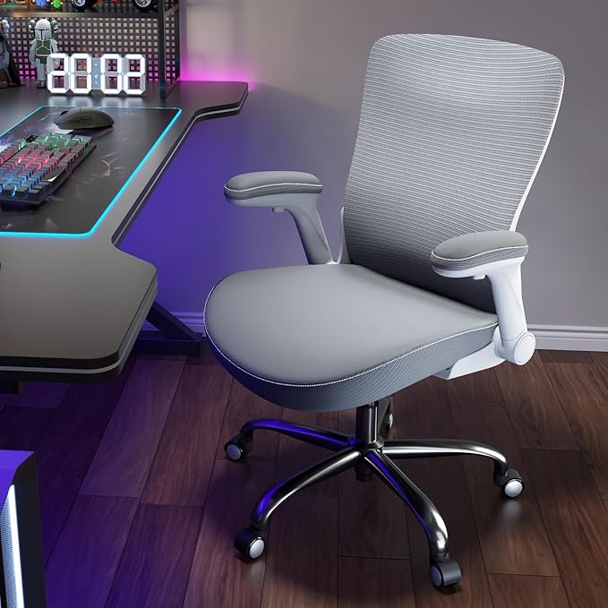 Ergalithic Office Home Ergonomic Desk Chair-Computer X-Shaped Chair Mesh PU Leather with Adjustable Lumbar Support-Executive Chair High Back Flip-Up Arms for Long Hours (White-Grey-No Headrest)