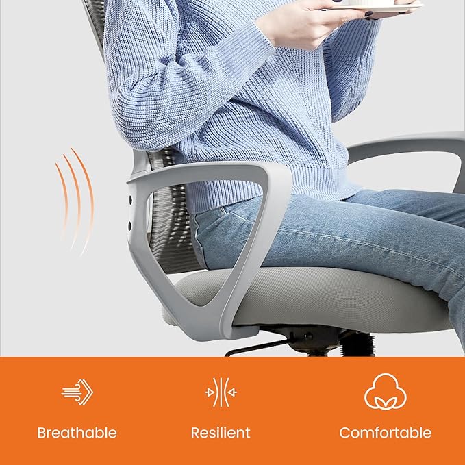 Sweetcrispy Home Office Managerial Executive Chair, Ergonomic Mesh Adjustable Swivel Mid-Back Chair with Comfortable Lumbar Support, Comfy Arms for Bedroom,Study,Student