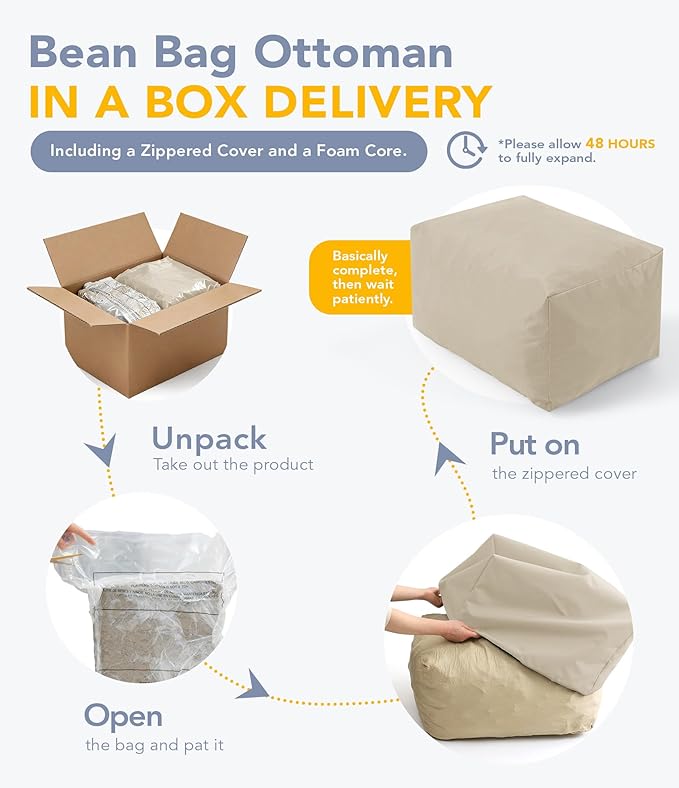 Outdoor Patio Bean Bag Ottoman - Small Beanbag Foot Rest Pouf Rectangular with Shredded Foam Filling, Splash-Proof Detachable Zipper Cover for Relaxing, Beige
