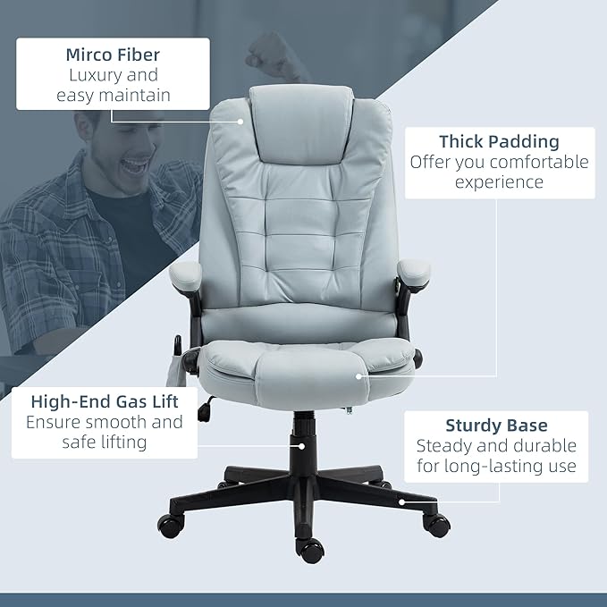 Vinsetto 6 Point Vibrating Massage Office Chair with Heat, Microfiber High Back Executive Office Chair with Reclining Backrest, Padded Armrests and Remote, Light Gray