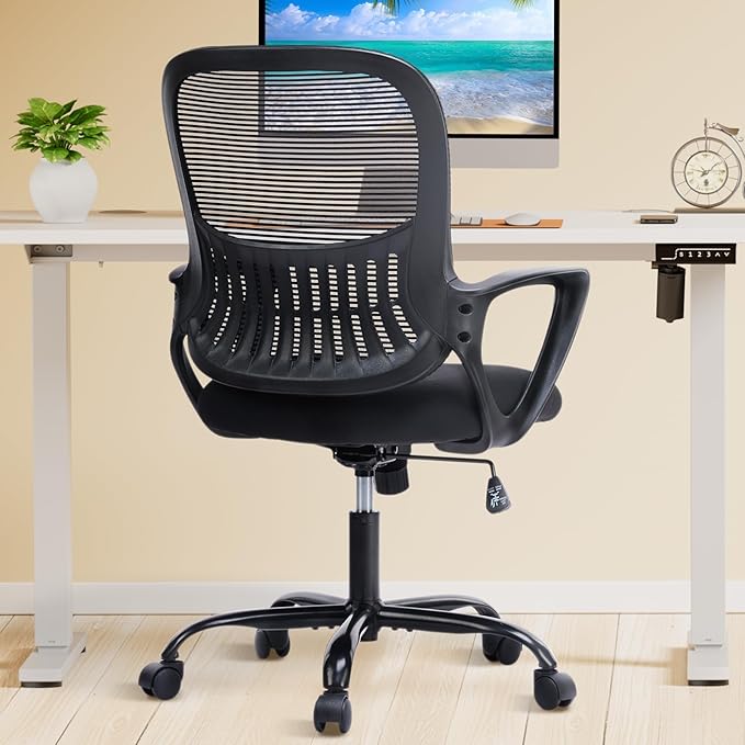 DUMOS Home Office Desk Chair - Ergonomic Mid Back with Lumbar Support & Rocking Mode, Height Adjustable with Fixed Armrest, for Conference, Computer, Meeting Room, 360° Swivel, Adults, Adults, Black