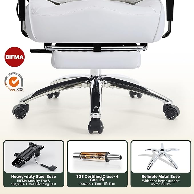 500lbs Big and Tall Office Chair Adjustable Lumbar Support, Extra Wide Seat Ergonomic Gaming Chair with Footrest, Heavy Duty High Back Executive Leather Computer Desk Chair (White)