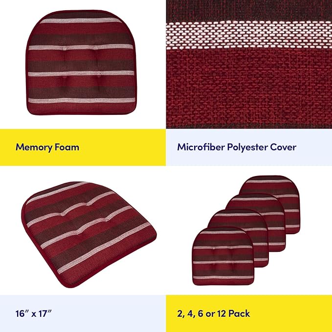 Sweet Home Collection Chair Cushion Memory Foam Pads Tufted Slip Non Skid Rubber Back U-Shaped 17" x 16" Seat Cover, 4 Count (Pack of 1), Bradford Burgundy