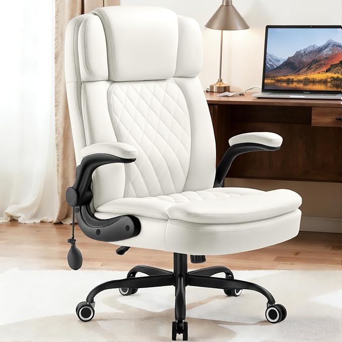 450 LBS Big and Tall Executive Office Chair with Flip up Arm, Heavy Duty Leather Computer Desk Chair,Comfortable High Back Swivel Home Office Chair with Rolling for Adults (White)