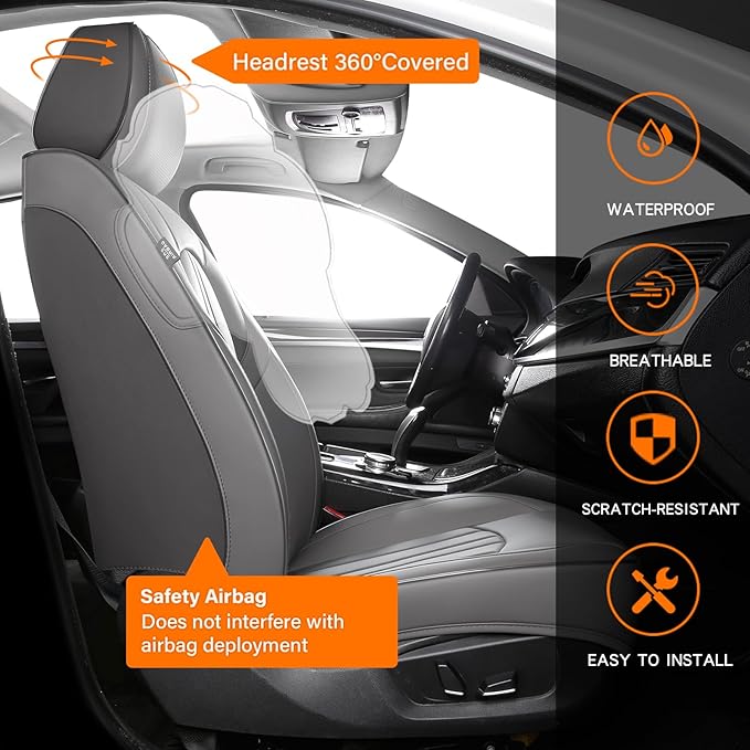 MINGBRON Car Seat Covers Full Set, 5 Seats Comfortable Faux Leather Seat Covers for Cars, Waterproof Automotive Seat Covers, Luxury Universal Fit Seat Covers for SUV, Sedans, Pick-up Trucks (Gray)
