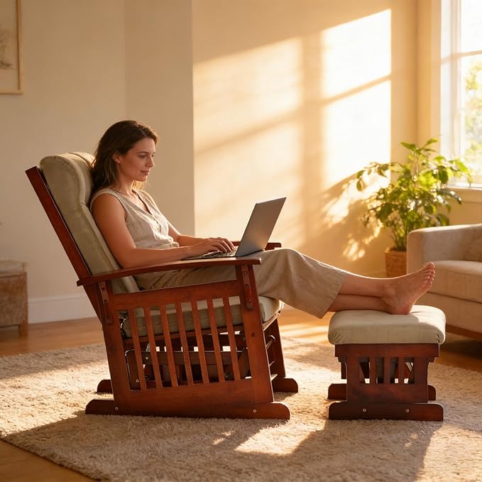 Solid Wood Glider Rocking Chair and Ottoman Set, Rustic Nursery Glider Rocker with Padded Cushion, Smooth Rocking Motion Indoor Living Room Nursing,Napping,Reading, Brown