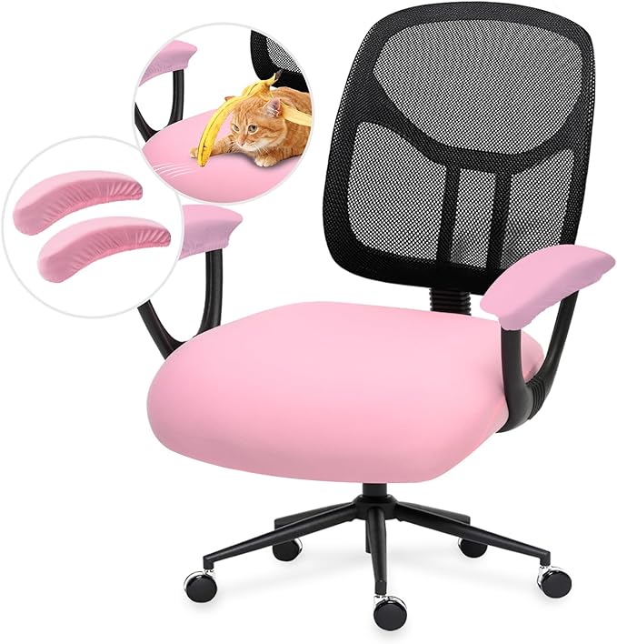 Stretchable Office Chair Seat Cushion Covers with Armrest Covers - Universal Spandex Computer Chair Slipcover - Removable Washable Cushion Protectors Anti-scratch for Dogs, Cats, Pets (Pink)