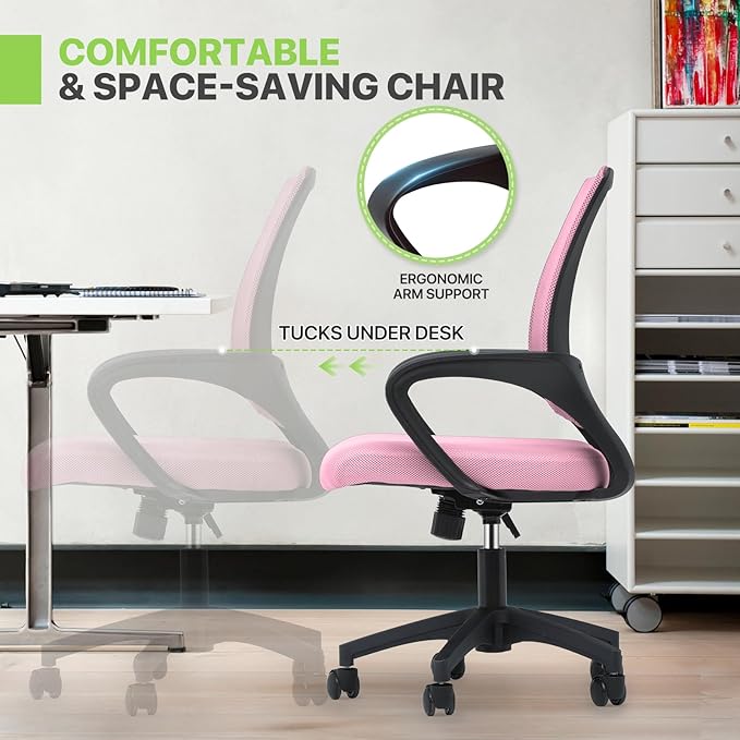 Magshion Ergonomic Office Chair 10 Pack, Mid-Back Mesh Desk Chair, Adjustable Swivel Computer Chair with Lumbar Support & Breathable Backrest for Gaming, Work, Study, 300 Lbs Capacity, Pink