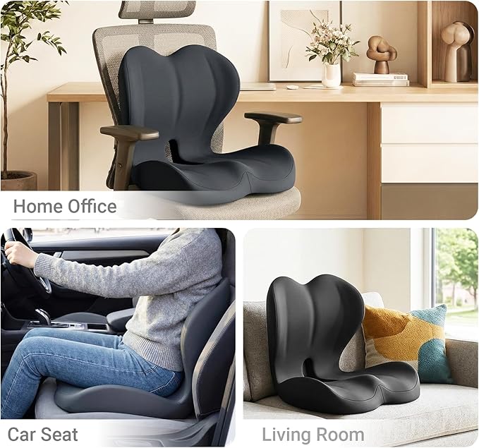 Ergonomic Seat Cushion Set with Lumbar Support Pillow, High-Density Memory Foam Cushion with Non-Slip Base, Posture Support Cushion for Office Chair, Home Chair, Car Seat, Dark Gray