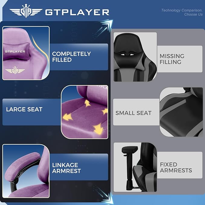 GTPLAYER Gaming Chair Fabric with Pocket Spring Cushion, High Back Ergonomic Computer Chair with Footrest for Adults Lumbar Support Swivel Game Chair for Office Gaming 350LBS, Light Purple