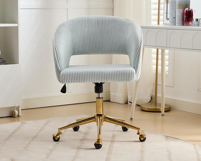 KCC Home Office Chair Swivel Desk Chair Accent Armchair Upholstered Modern Tufted Chairs with Gold Base for Girls Women Ergonomic Study Seat Computer Task Stools, with Wheels, Corduroy,Light Blue