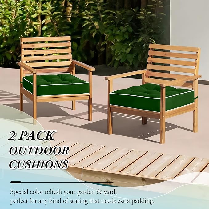 Wellsin Outdoor Chair Cushions Set of 2, Patio Cushions for Outdoor Furniture, Tufted Waterproof Outdoor Chair Pads, 17 x 17 Inch, Forest Green