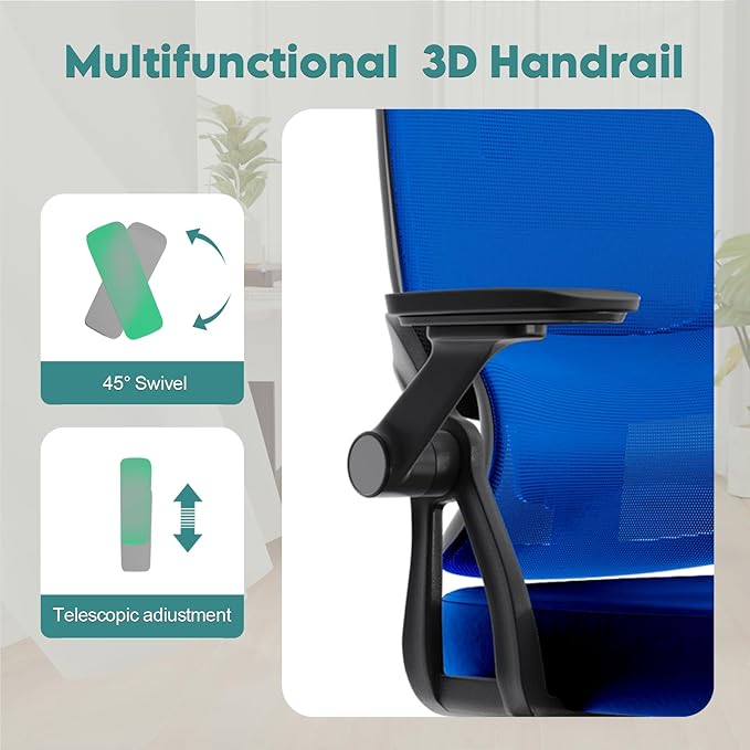 350 LBS Ergonomic Office Computer Mesh Chair - Adjustable Height Rolling Desk Chair with Flip-Up Armrests & High Back Support - Comfortable Swivel Task Chair for Home Office (01BLUE)