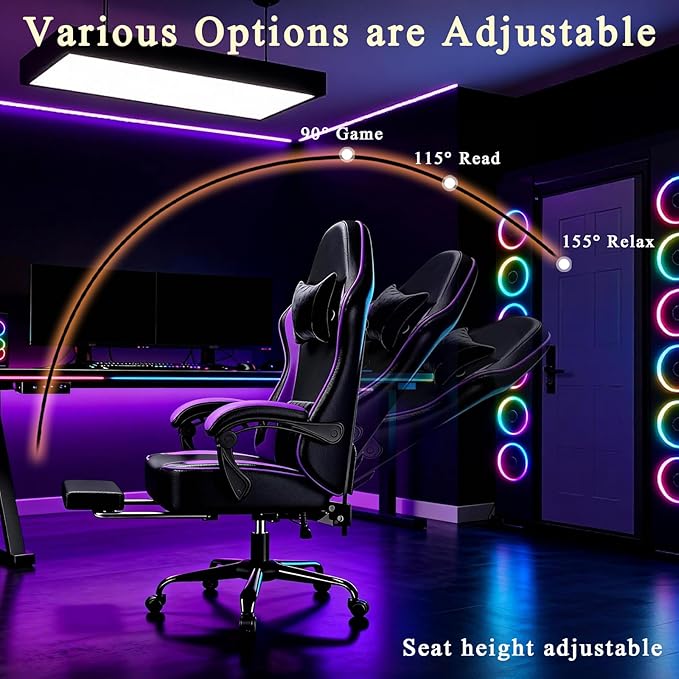 Gaming Chair with Pocket Spring Cushion and Footrest, Ergonomic Computer Chair for Adults, Breathable PU Leather Game Chair