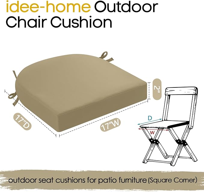 idee-home Outdoor Chair Cushions Set of 4, Thick 17" x 17" Outdoor Seat Cushions Patio Furniture Waterproof with Ties, Dining Pads