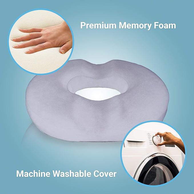 Donut Pillow Seat Cushion Orthopedic Design| Tailbone & Coccyx Memory Foam Pillow | Relieve Pain and Pressure for Hemorrhoid, Pregnancy Post Natal, Surgery, Sciatica (Grey)
