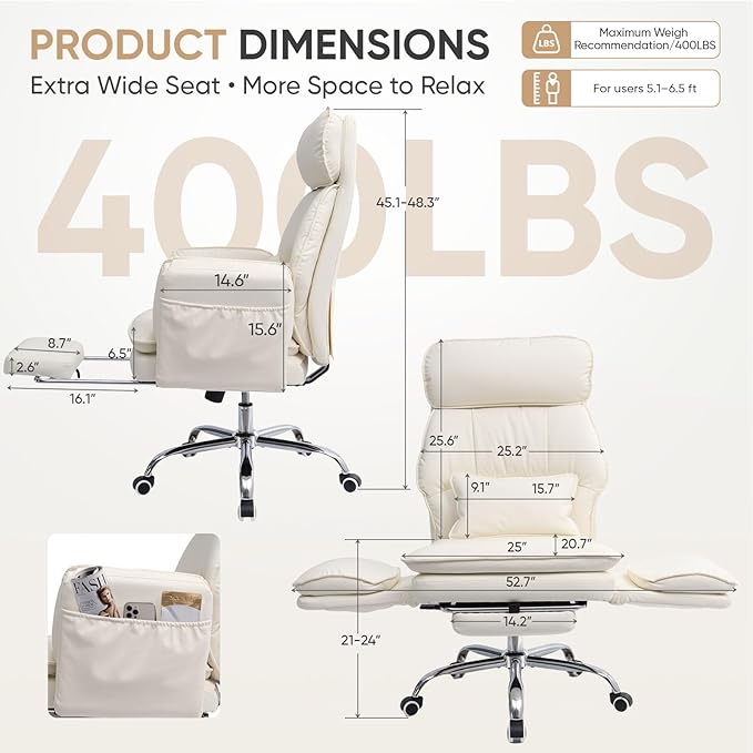 Big and Tall Office Chair with Flip Armrests, Cross Legged Office Chair with Storage Pockets, Comfortable Reclining Computer Chair with Footrest, Wide Home Office Desk Chair, Leather, Beige