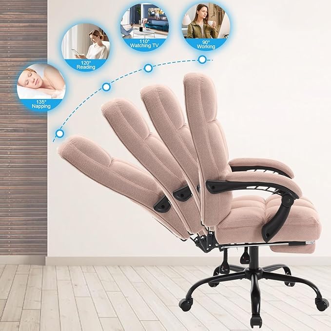 Erogonomic Reclining Office Chair with Footrest, High Back Fabric Cute Comfortable Recliner Office Desk Chair with Leg Foot Rest for Women,Pink