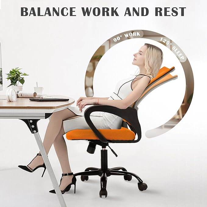 Office Chair, Adjustable Computer Chair with Lumbar Support, Office Desk Chair with Breathable Mesh Backrest, Home Office Desk Chairs for Student, Adults, Study, Dorm, Small Computer Chair, Orange