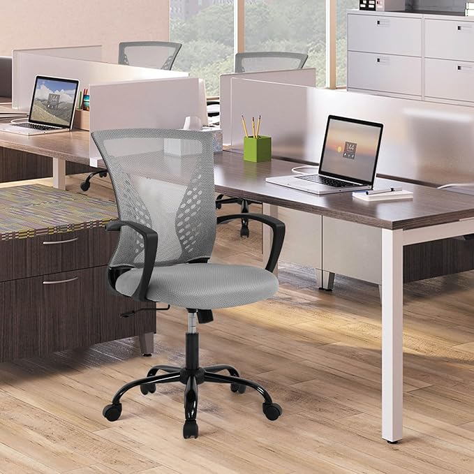 Mid Back Office Chair with Lumbar Support - Breathable Mesh Computer Chair for Desk, Ergonomic Adjustable Swivel Chair with Arms, Home & Office Use, Fits Small Spaces (Grey)