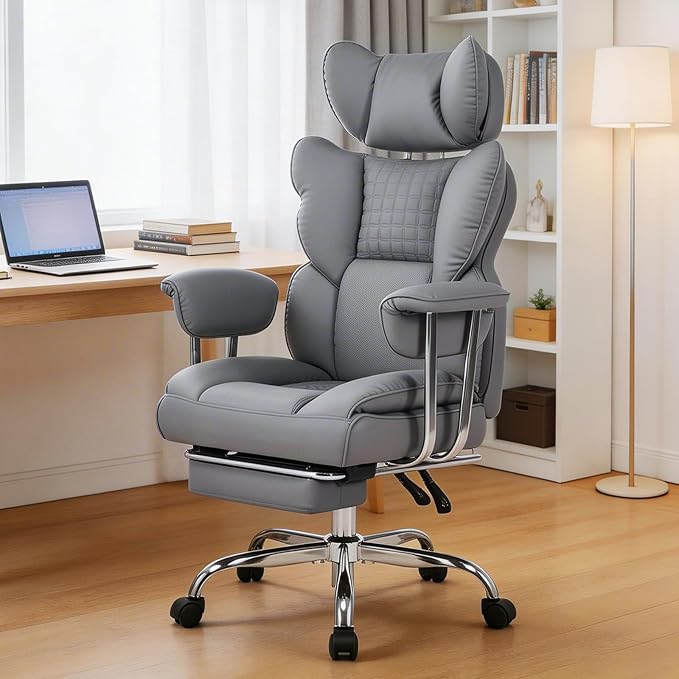 DUMOS Big and Tall Office Chair 350 LBS, Scratch-Resistant PU Leather Executive Office Desk Chair with Footrest, Ergonomic Reclining Computer Chair with Pocket Spring Support for Home Office, Grey