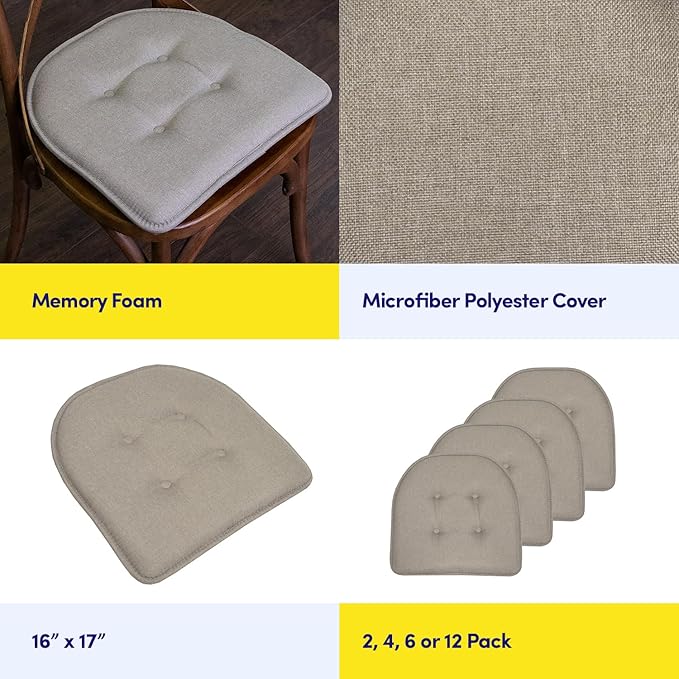 Sweet Home Collection Chair Cushion Memory Foam Pads Tufted Slip Non Skid Rubber Back U-Shaped 17" x 16" Seat Cover, 12 Count (Pack of 1), Khaki 18