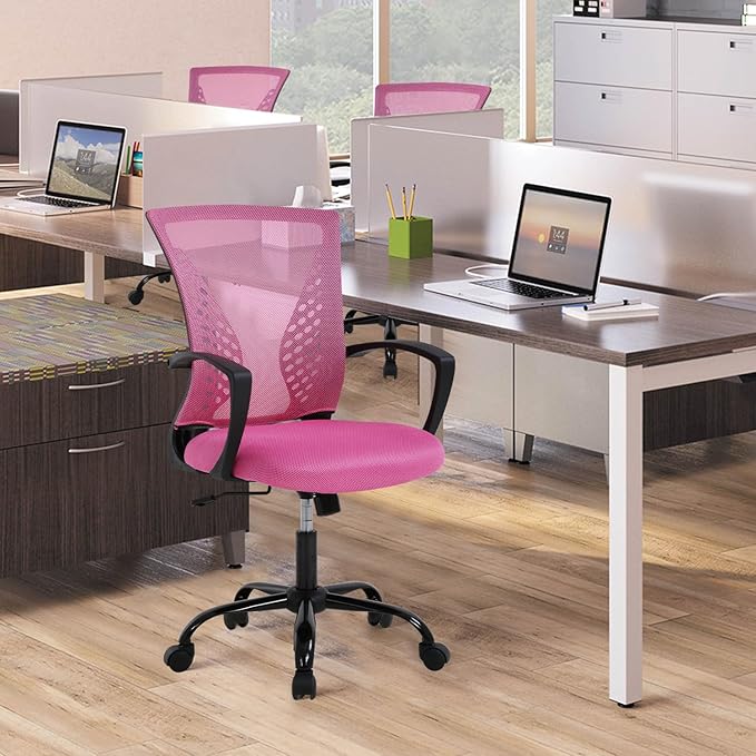 Ergonomic Office Chair - Soft Mesh Computer Chair with Lumbar Support & Adjustable Arms, Modern Mid Back Swivel Chair for Home Office, Comfortable & Stylish for Women (Pink)