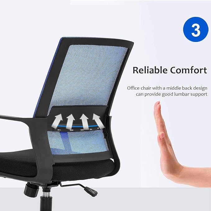Office Chair Ergonomic Desk Task Chair Mesh Computer Chair Mid-Back Mesh Home Office Swivel Chair Modern Executive Chair with Wheels Armrests Lumbar Support (Blue)