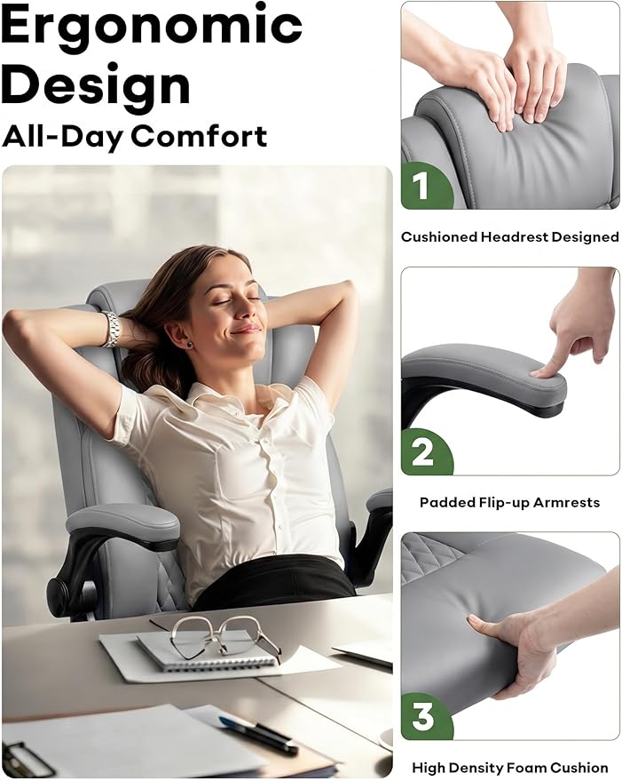 Office Chair PU Leather, Ergonomic Computer Desk Chair with Lumbar Support, Executive Leather Chair with Wheels & Flip-up Armrest, Small Home Office Desk Chair for Short People Use, Grey