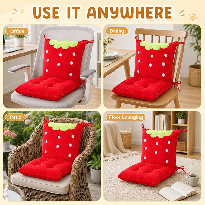 ChezMax Chair Cushion Plush Seat Cushion Back Cushion with Ties, Detachable Thickened Desk Chair Pads, Cartoon Waist Pillow Cushion Decor for Chair Car Office Patio Wheelchair, Cartoon Strawberry