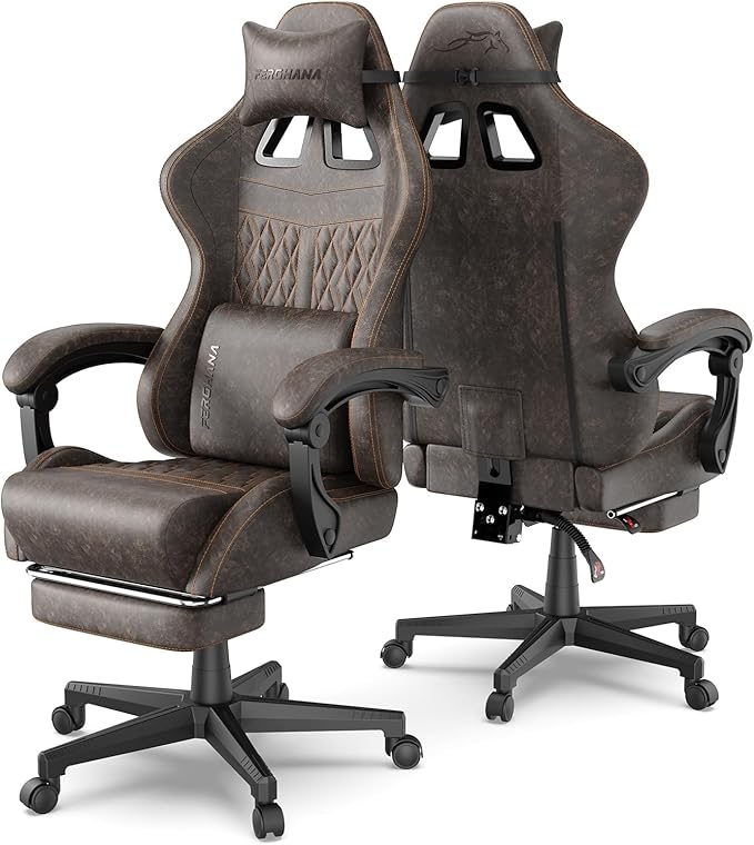 Ferghana Vintage PU Leather Gaming Chair, Ergonomic Gamer Chair with Massage, High Back Computer Office Chair with Footrest for Adults, Racing Style Reclining Video Game Chair (Brown)