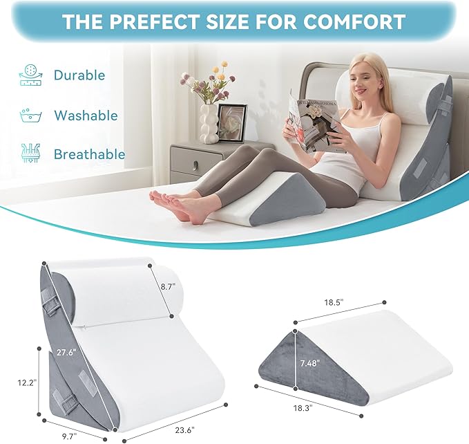Kingfun 4PCS Orthopedic Bed Wedge Pillow Set for Sleeping, Post Surgery Memory Foam Support Pillows for Back, Neck and Leg Pain Relief, Adjustable Triangle Pillow - Acid Reflux, Anti Snoring & GERD