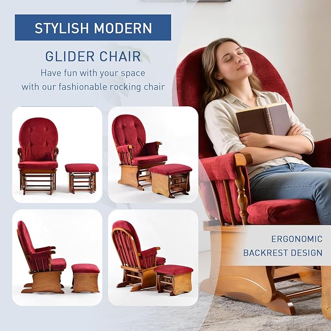Glider Rocking Chair with Ottoman Set, Solid Wood Nursery Glider Rocker with Thick Padded Cushion, High Back Upholstered Swivel Glider for Living Room, Nursing, Reading, 280LBS Weight Capacity,Oak+Red