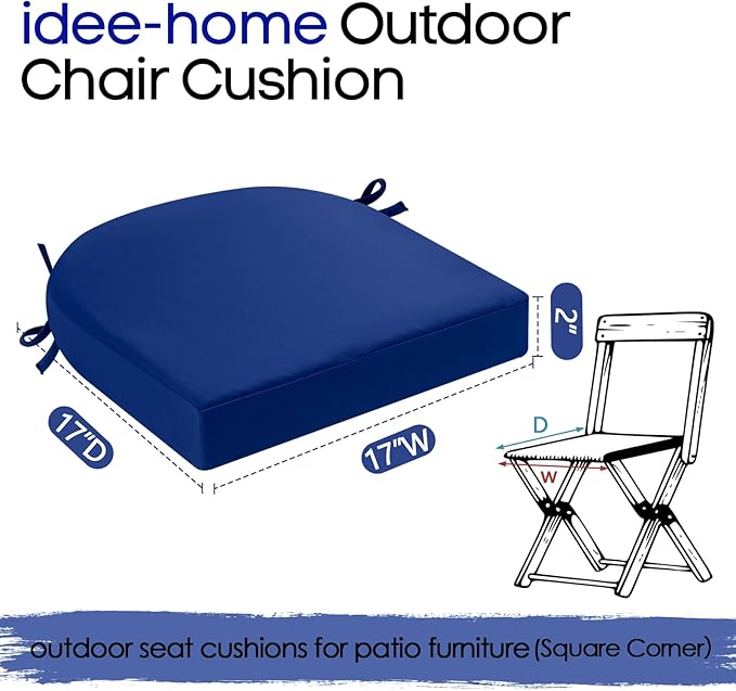 idee-home Outdoor Chair Cushions Set of 2, Thick 17" x 17" Outdoor Seat Cushions Patio Furniture Waterproof with Ties, Dining Pads