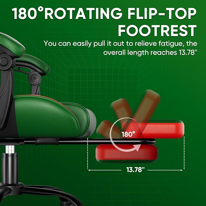 Czlolo Gaming Chair, Lumbar Support Massage Computer Chair, High Back Gamer Chair, with Footrest and Headrest, Lumbar Pillow, Recline, Wide Seat, Gaming Chairs for Christmas/Birthday Gifts, Green