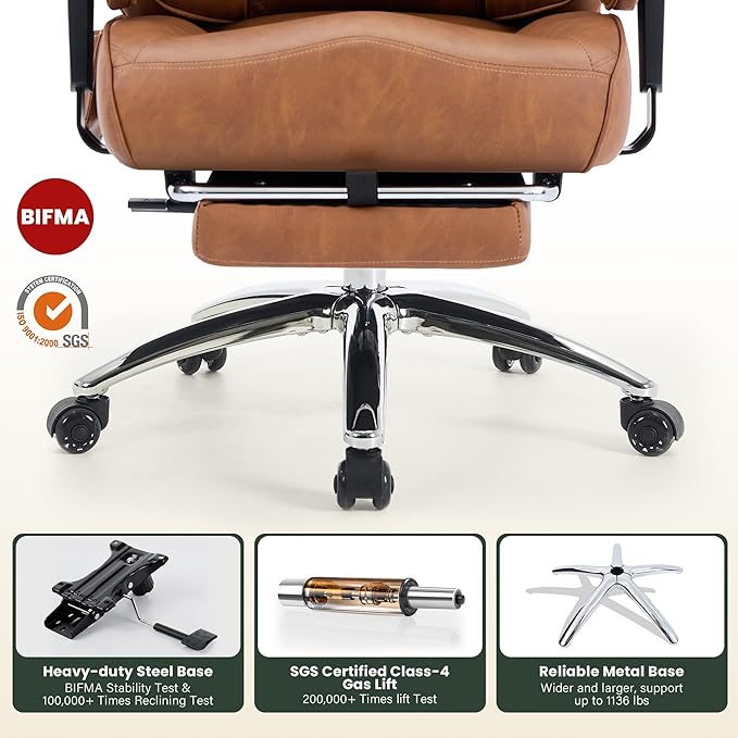500lbs Big and Tall Office Chair Adjustable Lumbar Support, Extra Wide Seat Ergonomic Gaming Chair with Footrest, Heavy Duty High Back Executive Leather Computer Desk Chair (Brown)