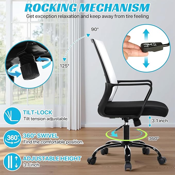 Ergonomic Office Chair, Breathable Mesh Desk Chair, Swivel Computer Chair with Wheels & Adjustable Height & Comfort Seat for Home Office, Gaming Room, White