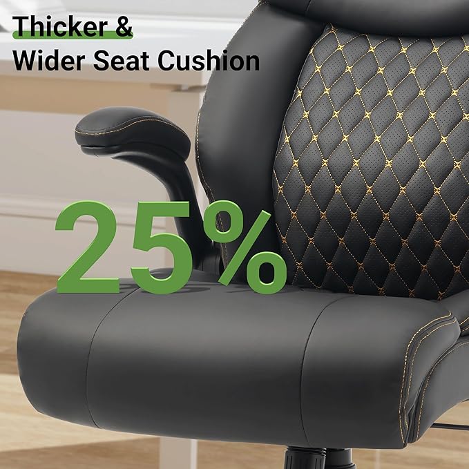 Office Chair, Big and Tall Executive Chairs with Lumbar Support for Back Pain, Breathable Desk Computer Chair with Adjustable Flip-up Armrests, Wide Cushion Swivel Home Office Chair Black PU