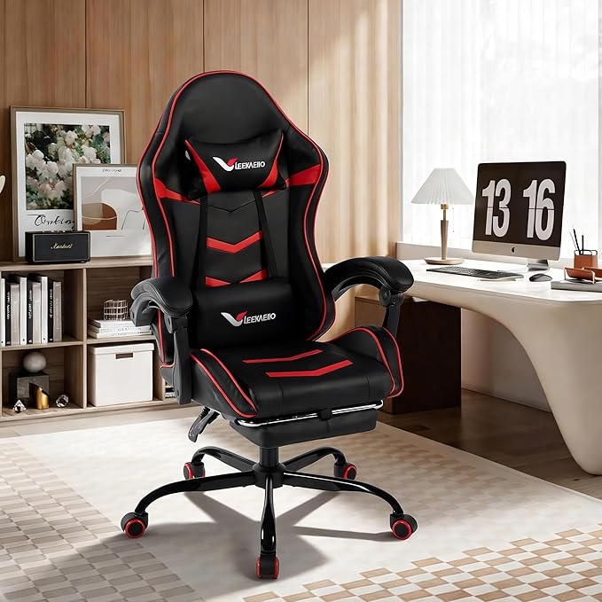 Gaming Chair for Adults, Ergonomic Gamer Chair with Footrest, Spring Pocket Cushion, Computer Office Desk Reclining Chair with Enlarged Metal Base, Linkage Armrests, Lumbar & Headrest (Red)