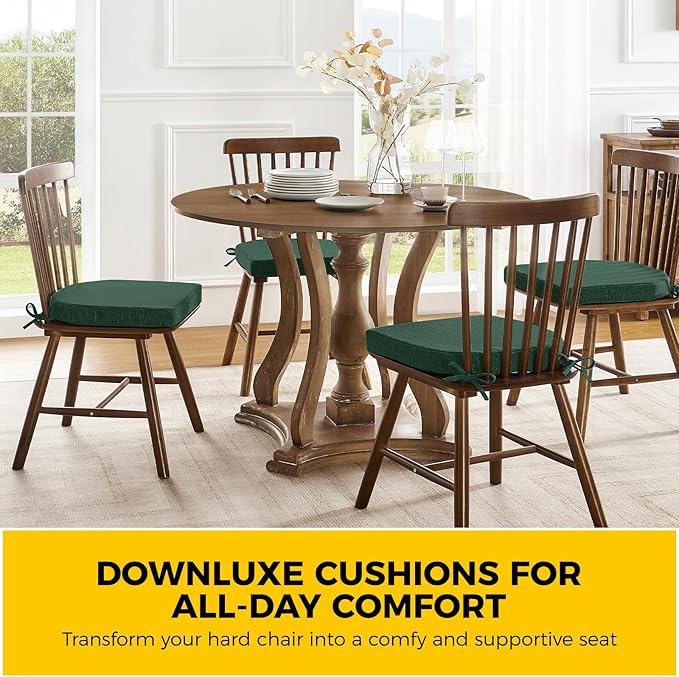 downluxe Indoor Chair Cushions for Dining Chairs, Soft and Comfortable Textured Memory Foam Kitchen Chair Pads with Ties and Non-Slip Backing, 16" x 16" x 2", Dark Green, 4 Pack