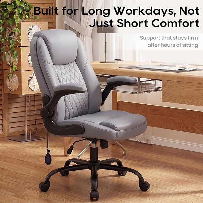 MALOL Leather Office Chair, Home Desk Chair with Adjustable Lumbar Support, Thick Cushion, Flip-Up Arms and Ergonomic Back, Comfy Executive Office Chair for Home Office, Grey