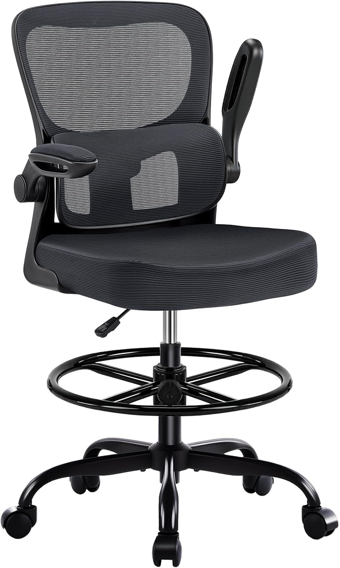 AreShark Drafting Office Chair - Ergonomic Tall Office Chair with Adjustable Footrest Ring - Counter Height Adjustable Rolling Standing Desk Chair with Lumbar Support and Flip-up Armrests for Home