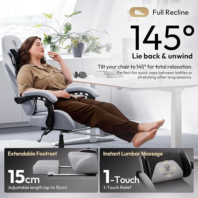 Dowinx Gaming Chair Fabric Big and Tall with Pocket Spring Cushion, Massage Game Chair Cloth with Headrest, Ergonomic Computer Chair with Footrest 350LBS, Black Grey