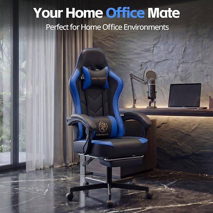 Desk Computer Gaming Chair - High Back Ergonomic Office Chair with Footrest and Lumbar Support, Swivel Comfy Home Gamer Video Game Chairs with Pocket Spring Cushion for Adults (Blue Leather)